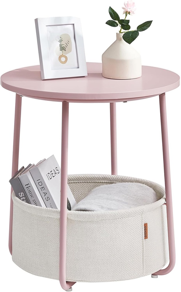 VASAGLE LILEA Collection - Small Round Side End Table, Modern Nightstand with Fabric Basket, Jelly Pink and Cream White ULET223R61