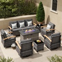 MEISSALIVVE 8 Pieces Patio Furniture Sets with Fire Pit Table, Wicker Outdoor Conversation Sets with 2 Swivel Rocker Chairs, 3-seat Sofa and Side Table(Grey)