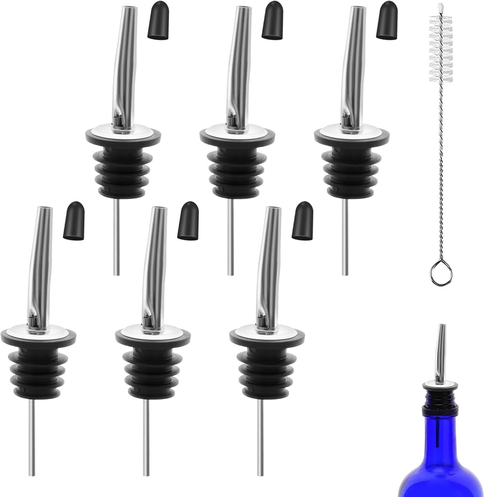6Pcs Liquor Pour Stainless Steel Classic Bottle Speed Pourers with rubber Pour Spouts Cap Cleaning brush for Alcohol, Olive Oil, Liquor Pourers with Dust Caps, Speed Pourers (6)