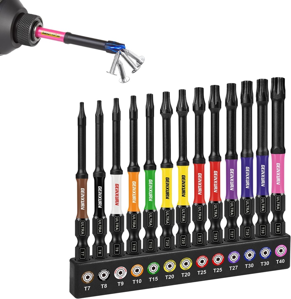3”Impact Torx Screwdriver Bits Set,13Pcs Magnetic S2 Steel Long Extension Star Driver Bits Set (T7-T40) with Color Coded Base