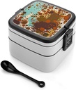 Retro Abstract Messy Rust Color Bento Box Leak-Proof Double Layered Lunch Containers with Spoons And Invisible Handle, Portable Lunch Boxes for Work Picnic Travel