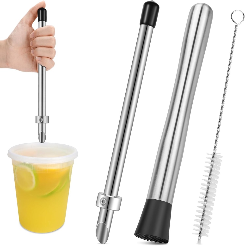 TACGEA 3 Pcs Straw Puncher and Muddler for Plastic Lids Lemonade Cups, Stainless Steel Muddler -Straw Hole Puncher for Drink, Fresh Squeezed Lemonade Stand Supplies