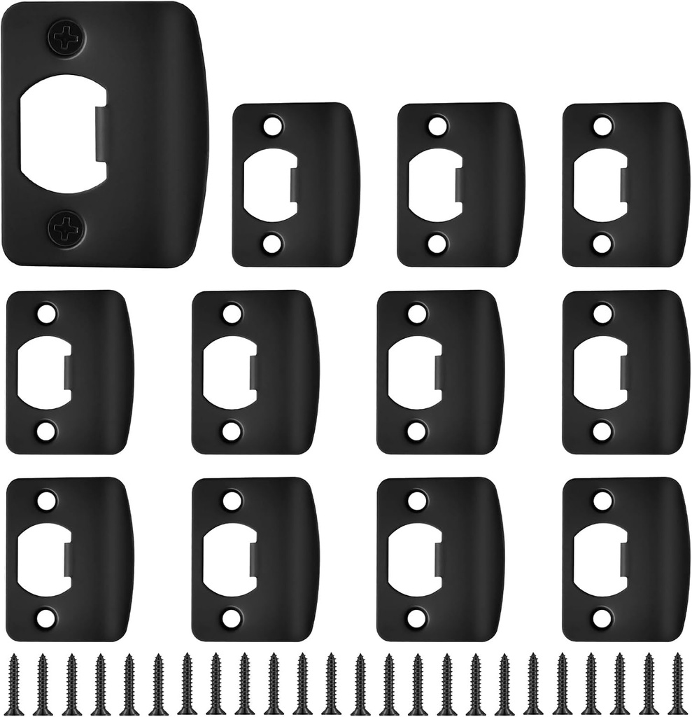 12 Pcs Deadbolt Strike Plate, Stainless Steel Round Corner Door Strike Plate Black Deadbolt Covers Door with Screws Reinforcement Kit