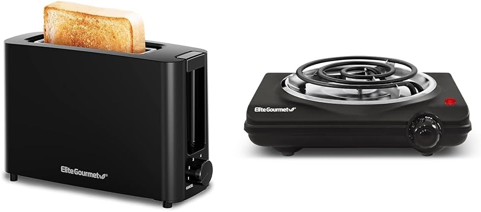 Elite Gourmet ECT118B Cool Touch Single Slice Toaster, 6 Toasting Levels & Wide Slot for Bagels & ESB100B Countertop Single Coiled Burner Electric Hot Plate