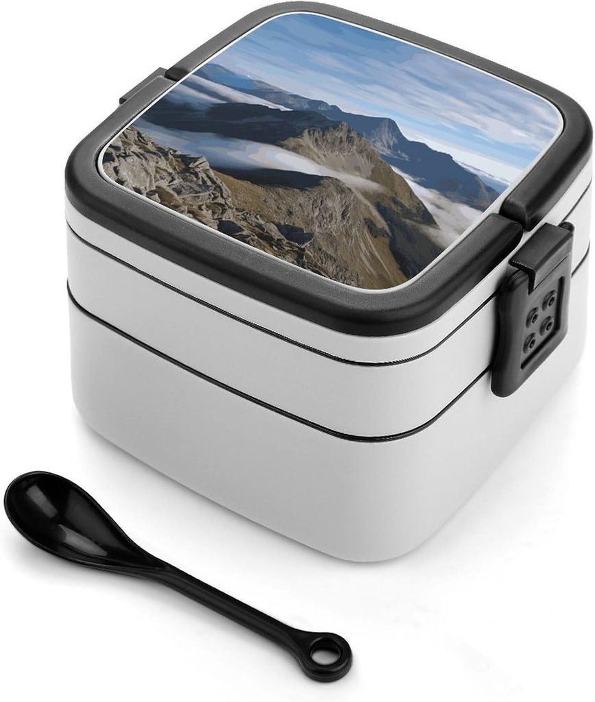 Summits And Ridges Bento Box with Spoon, 2-layer Stackable Lunch Box Leak Proof with Invisible Handle, Insulated Food Storage for Office, Picnic & Travel