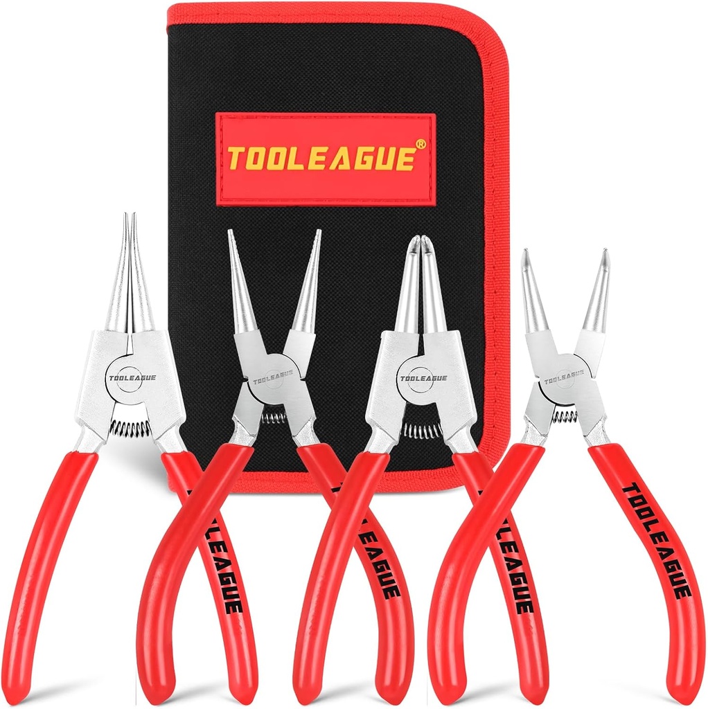 TOOLEAGUE 4 Pcs Mini Snap Ring Pliers Set, Circlip Pliers, 5 inches Internal/External Heavy Duty for Ring Remover Retaining Straight Bent Lock Ring Pliers Set