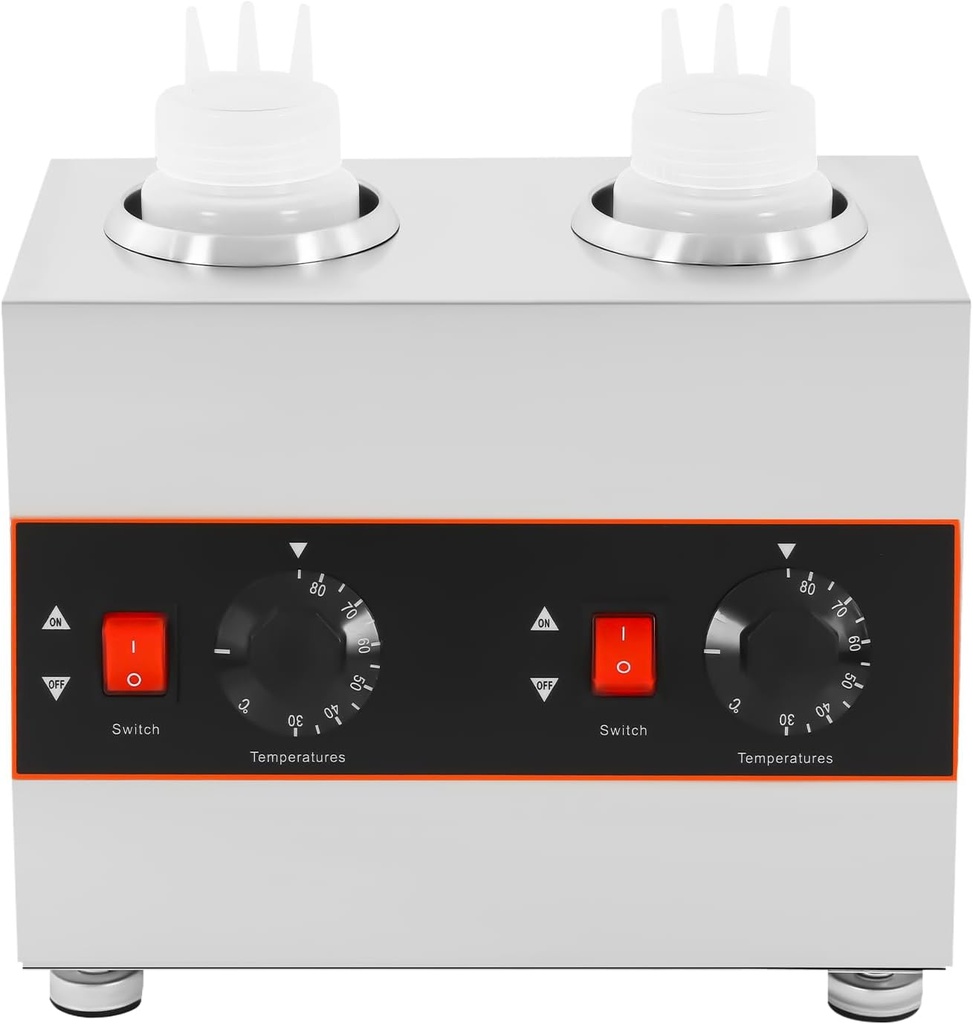 Electric Dual Bottle Sauce Warmer, 320W 110V Cheese & Chocolate Melter with Adjustable Temp 86-185°F, Stainless Steel Commercial Topping Warmer for Nacho, Caramel, Fudge with Two 650ml PC Bottles