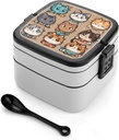 Many Cartoon Cats Bento Box Double Layer Lunch Box with Spoon And Handle All in One Stackable Lunchbox Adult Lunch Container for Women Men Work Picnic Camping