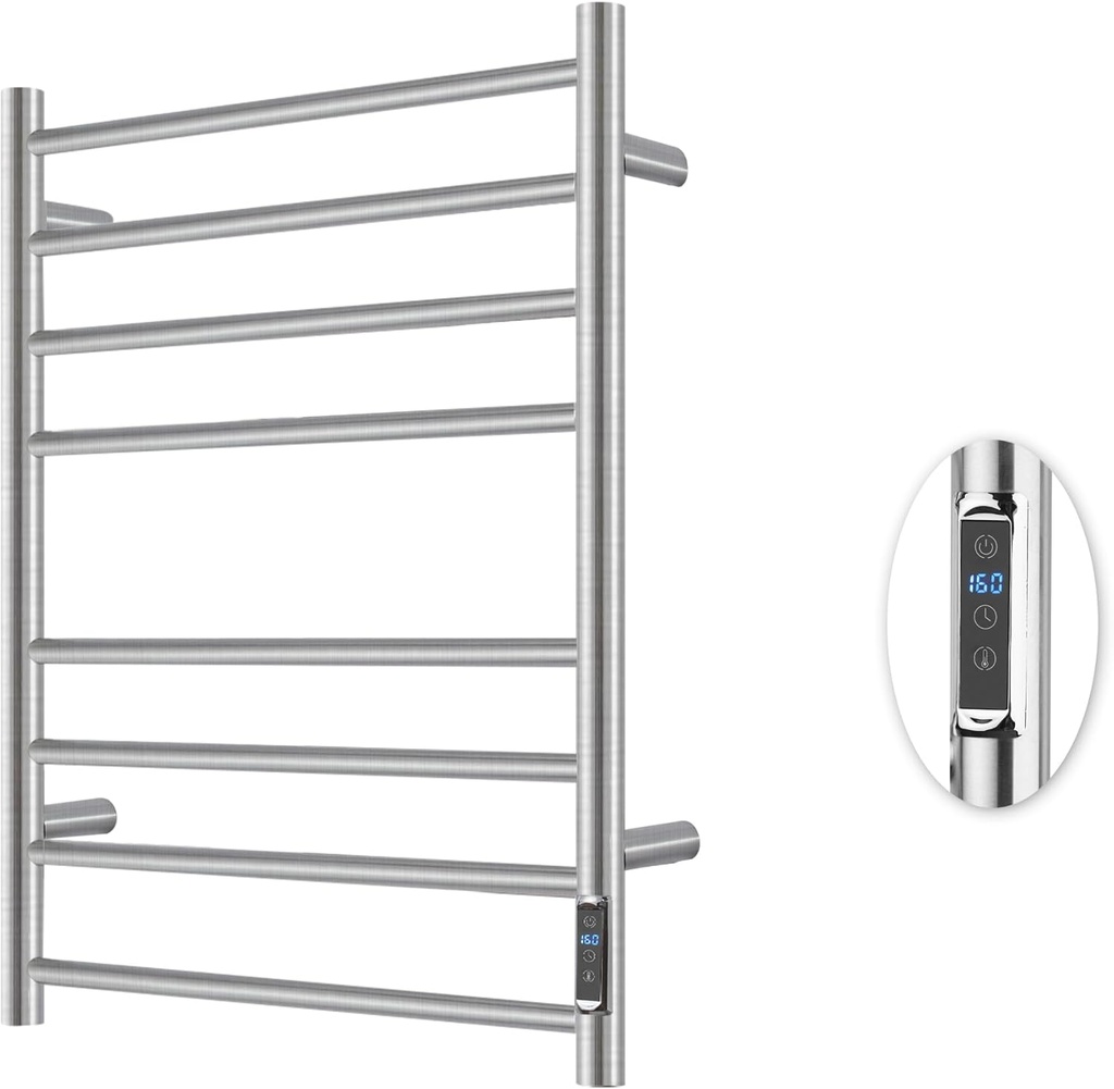 Heated Towel Racks for Bathroom, Wall Mounted Electric Towel Warmer Racks with Timer & Temperature Control, 8 Bar Stainless Steel Towel Heater for Bathroom, Brushed Silver, Plug-in