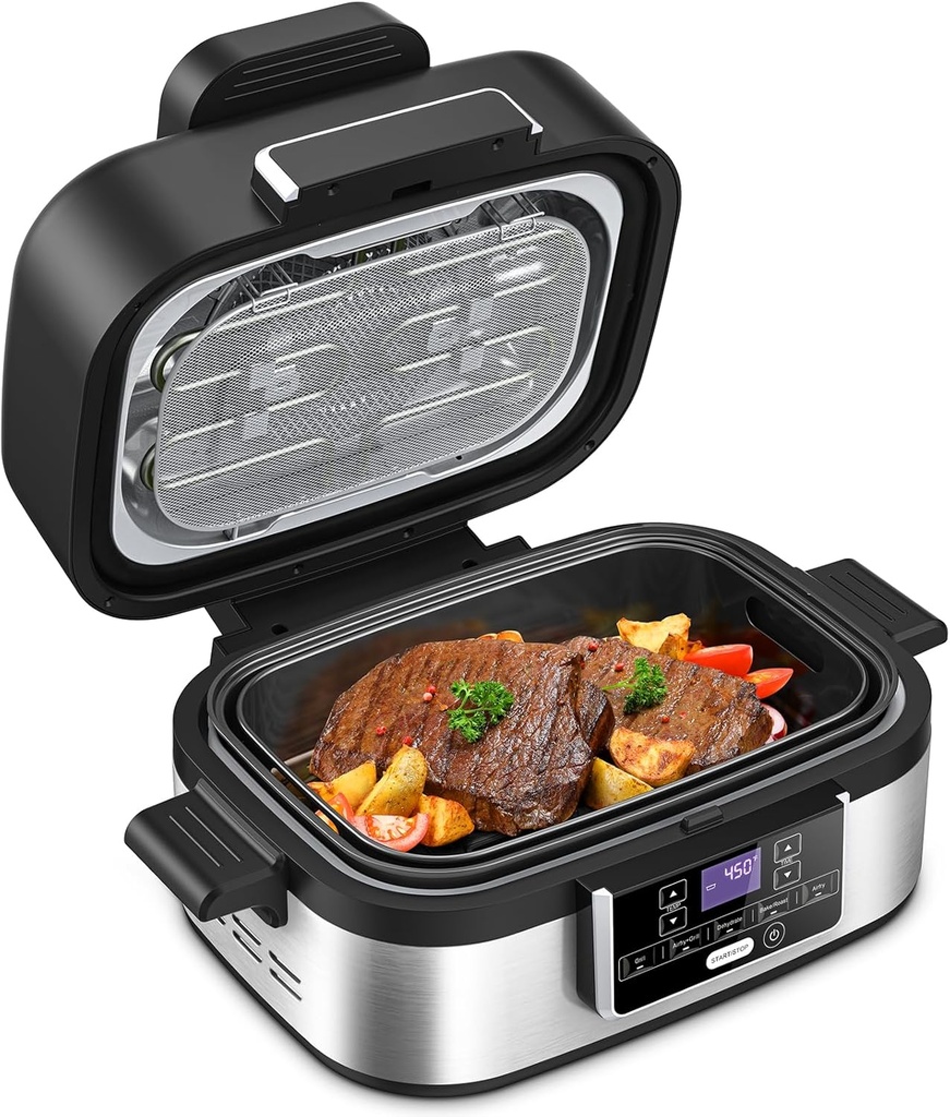 Joy Pebble Indoor Grill with Air Fry, 5-IN-1 Electric Smart Air Fryer Grill Combo, Stainless Steel with Air Grill, Air Fryer, Roast, Bake, Dehydrate, Beef & Fries, 5QT Large Capacity Smokeless, Black