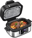 Joy Pebble Indoor Grill with Air Fry, 5-IN-1 Electric Smart Air Fryer Grill Combo, Stainless Steel with Air Grill, Air Fryer, Roast, Bake, Dehydrate, Beef & Fries, 5QT Large Capacity Smokeless, Black