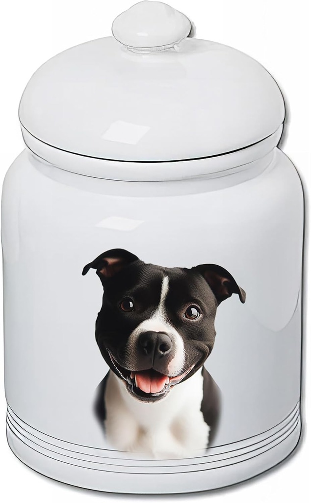 Best of Breed Staffordshire Bull Terrier Black/White Dog and Cat Ceramic Treat Jar 9" Tall Air Tight Seal All White