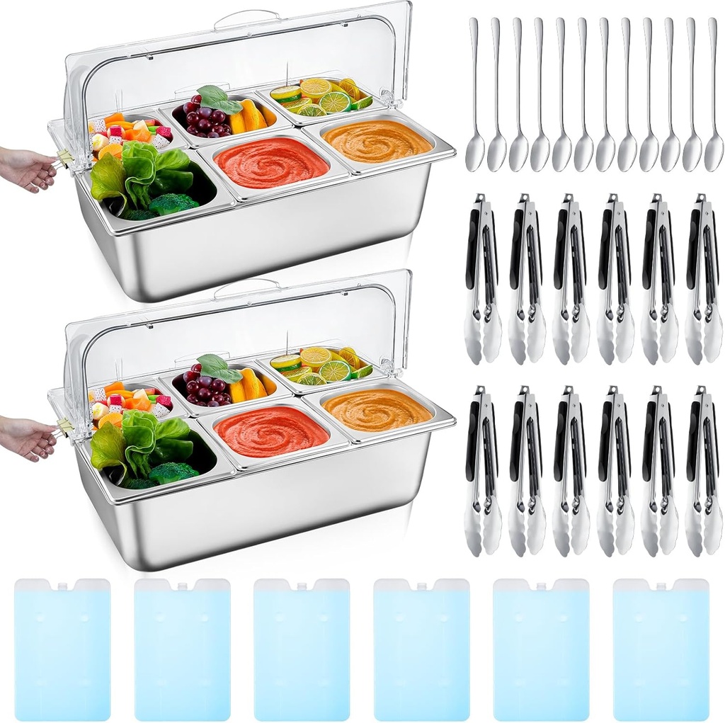 Tessco for you 2 Set Countertop Chiled Ice Food Serving Display Container Stainless Steel Condiment Dispenser with Lid Clamps Spoons Box for Restaurant Kitchen (6 Compartments)