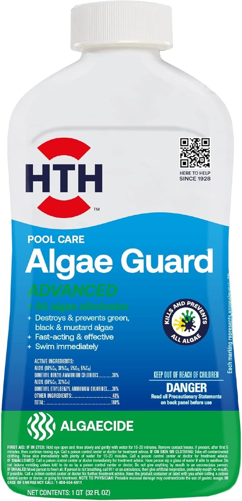 HTH 67084 Pool Care Algae Guard Advanced, All Algae Eliminator for Swimming Pools - Fast-Acting, Destroys & Prevents Green, Black & Mustard Algae, Keeps Pool Water Crystal Clear, 32 fl oz