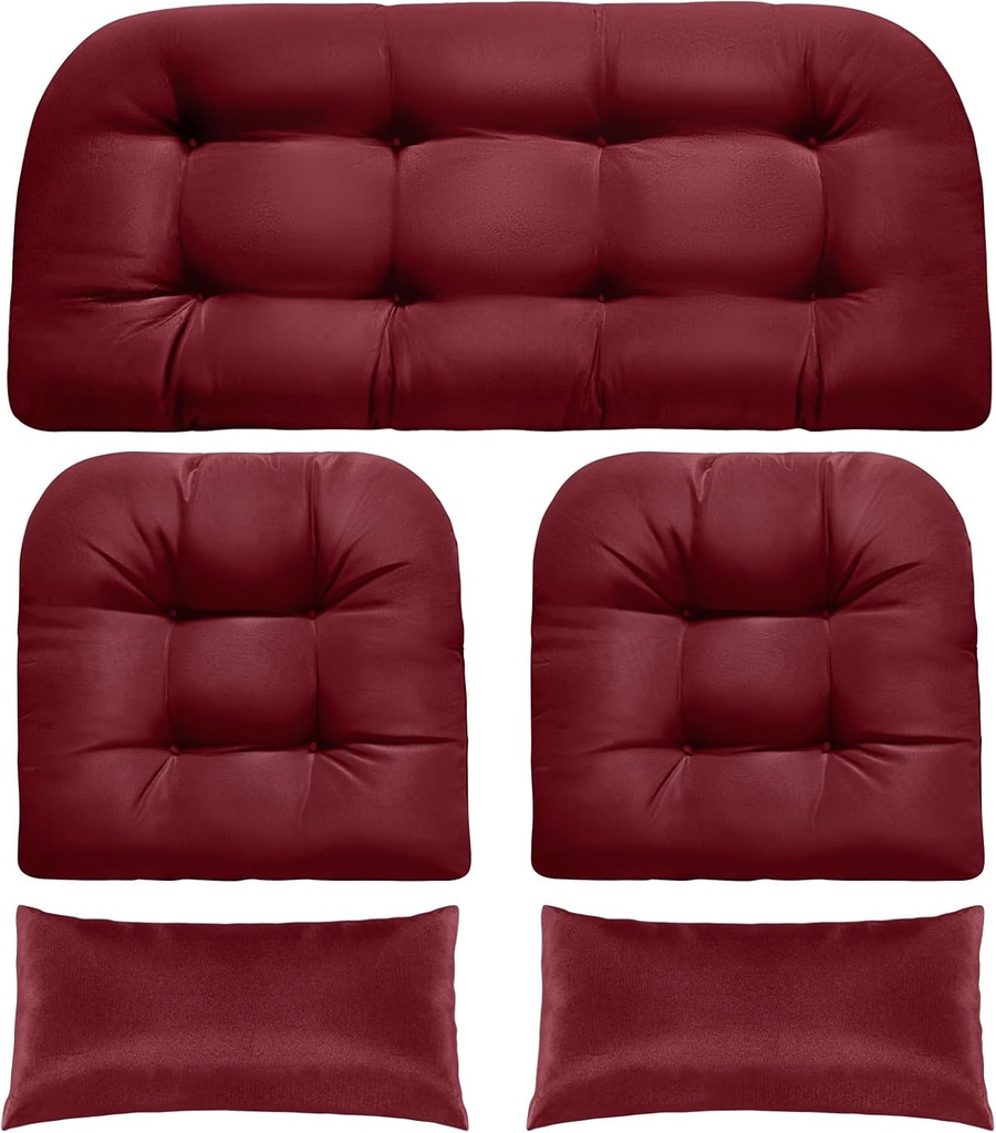 MAGIC ELEPHANT Wicker Chair Cushions, Indoor Outdoor Memory Foam Wicker Furniture Cushions Set of 5, 1 Loveseat and 2 U-Shape and 2 Long Waterproof Cushions for Patio Furniture Bench (Red)