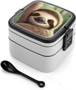 Cute Sloth Bento Box Adult Lunch Box All-in-One Lunch Containers with Removable Compartments Double Layer Bento Lunch Box with Spoon And Handle Stackable Lunchbox