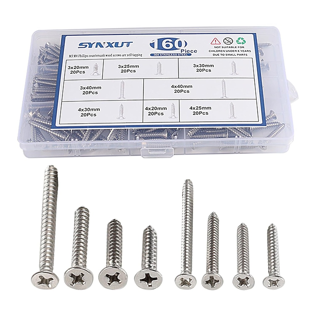304 Stainless Steel Wood Screws Assortment Kit,160 pcs, Phillips Drive Countersunk Head,Wood Screws,Screws,Drywall Screws,Sheet Metal Screws,Screws Set,8 Sizes M3/M4(20mm,25mm,30mm,40mm)