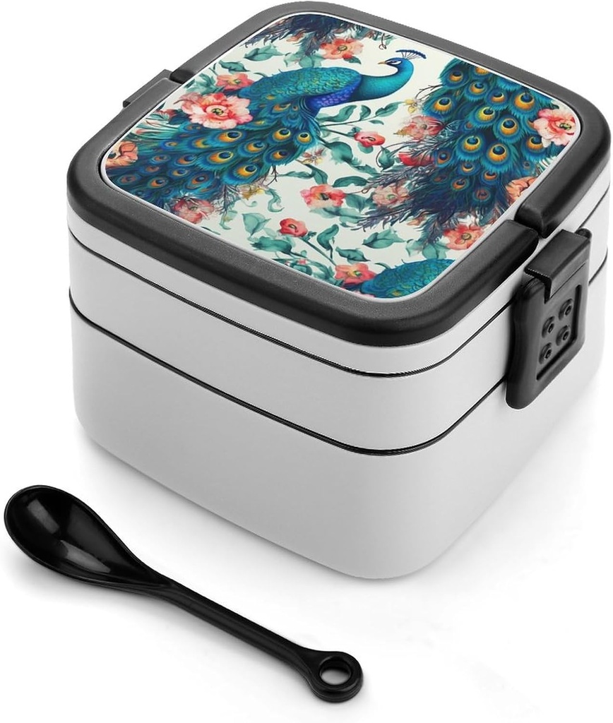 All-in-One Bento Box Stackable Leak-Proof Lunch Box With Carry Handle 2 Layer Portable Meal Prep Container Beautiful Peacock Flowers Lunchbox with Utensils for Dining Out Work, Black