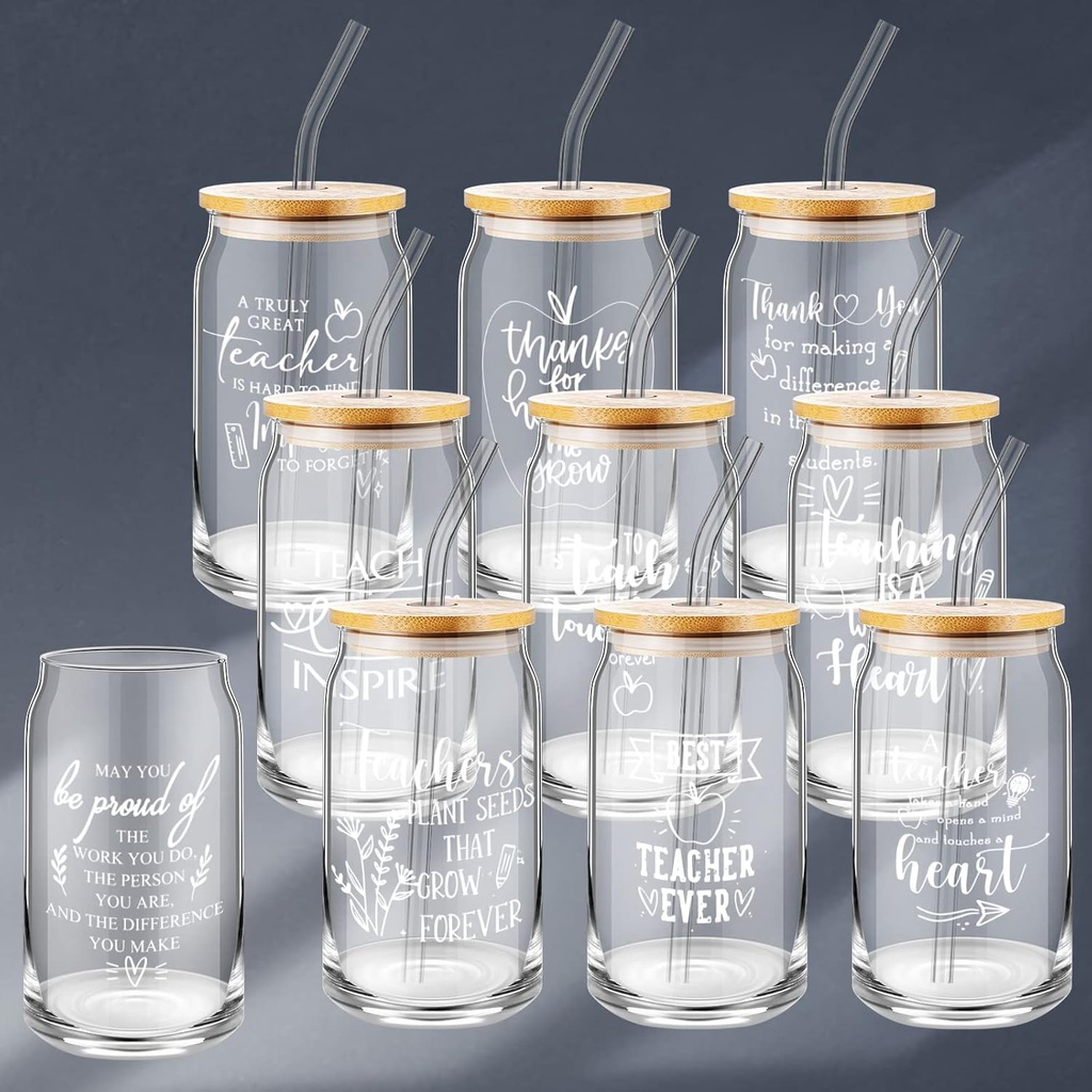 Inbagi 10 Pcs Teacher Appreciation Gift 16 oz Glass Cups Appreciated Quotes Sign Teacher Gifts for Women Men Can Shaped Cup with Bamboo Lid Glass Straw Thank You Gifts Thanksgiving Christmas