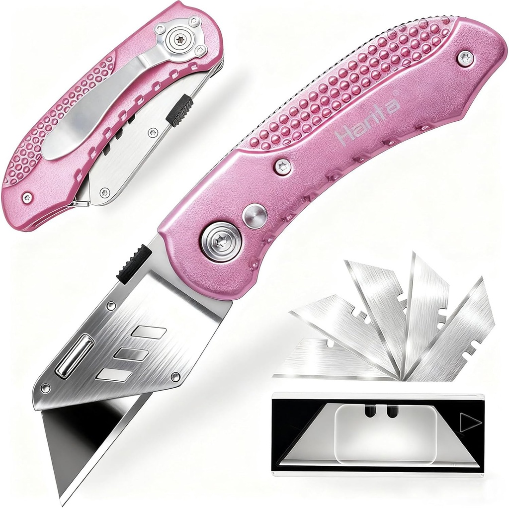 Box Cutter, Folding Utility Knife with Aluminum Handle, Heavy Duty Knife, Back-lock Mechanism, Stainless Belt Clip, for Carpet, Carton, Box, Cardboard, with 5-piece Extra Blades (Pink)