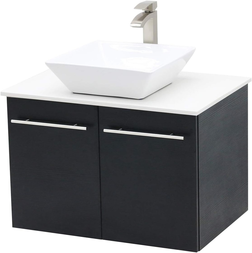 Wall Mount Floating Bathroom Vanity Sink Set. Black Vanity, White Flat Stone Countertop Ceramic Sink - 36"
