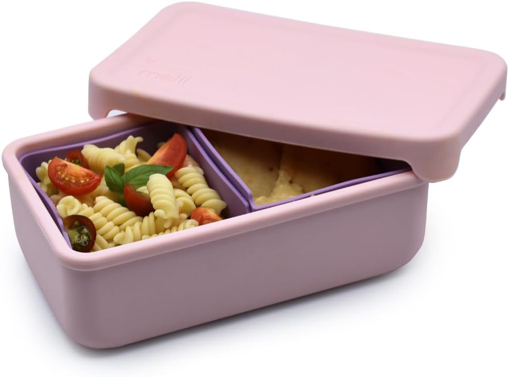 melii 100% Silicone Bento Box with Removable Dividers, 2 Compartments, Easy to Open and Close Lid, Dishwasher safe, BPA Free, Pink + Purple