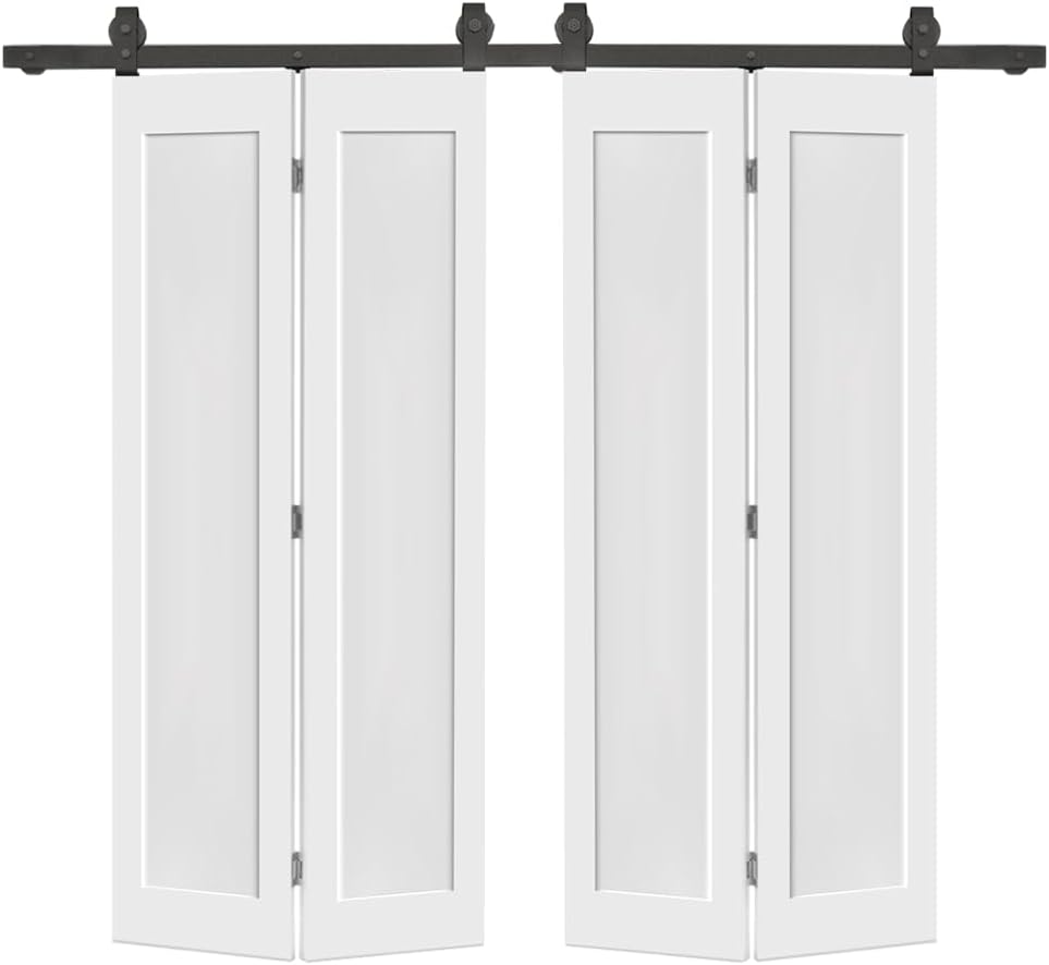 56 in. x 80 in. 1 Panel Shaker Hollow Core White Composite Double Bi-Fold Door with Barn Door Hardware Kit