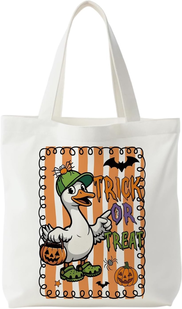 Trick or Treat Halloween Goose Tote Bag for Candy Treats, Goose Lover Gifts, Spooky Pumpkin Bats Canvas Tote Bag, Halloween Party Favor Bags, Reusable Shopping Grocery Bags,14.96 x 15.3 inches