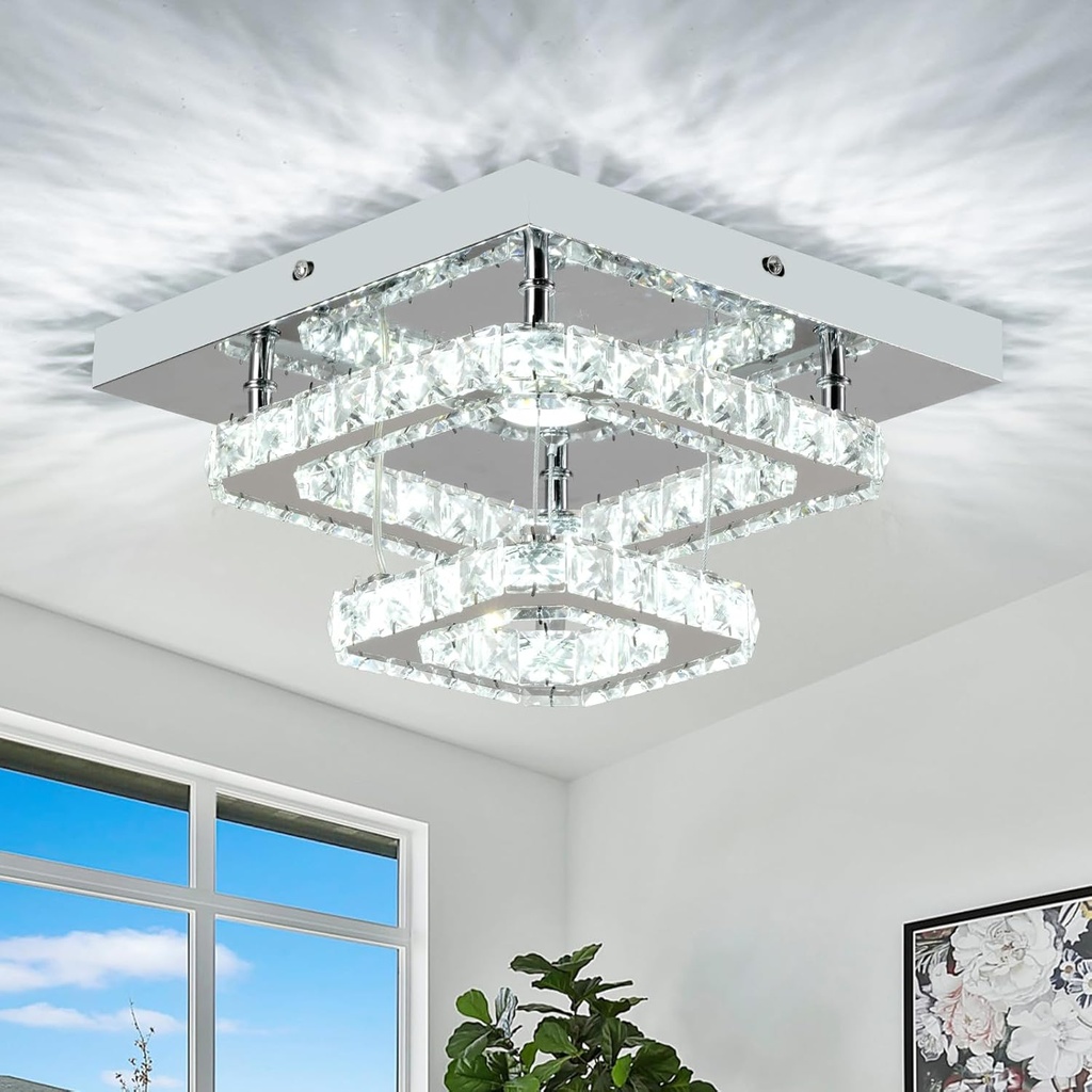 Crystal Chandelier 9.8 Inch Modern Led Chandeliers Crystal Ceiling Light Fixtures 2 Layers Flush Mount Ceiling Light Bedroom Chandeliers for Hallway Kitchen Dining Room Closet (Cool White)