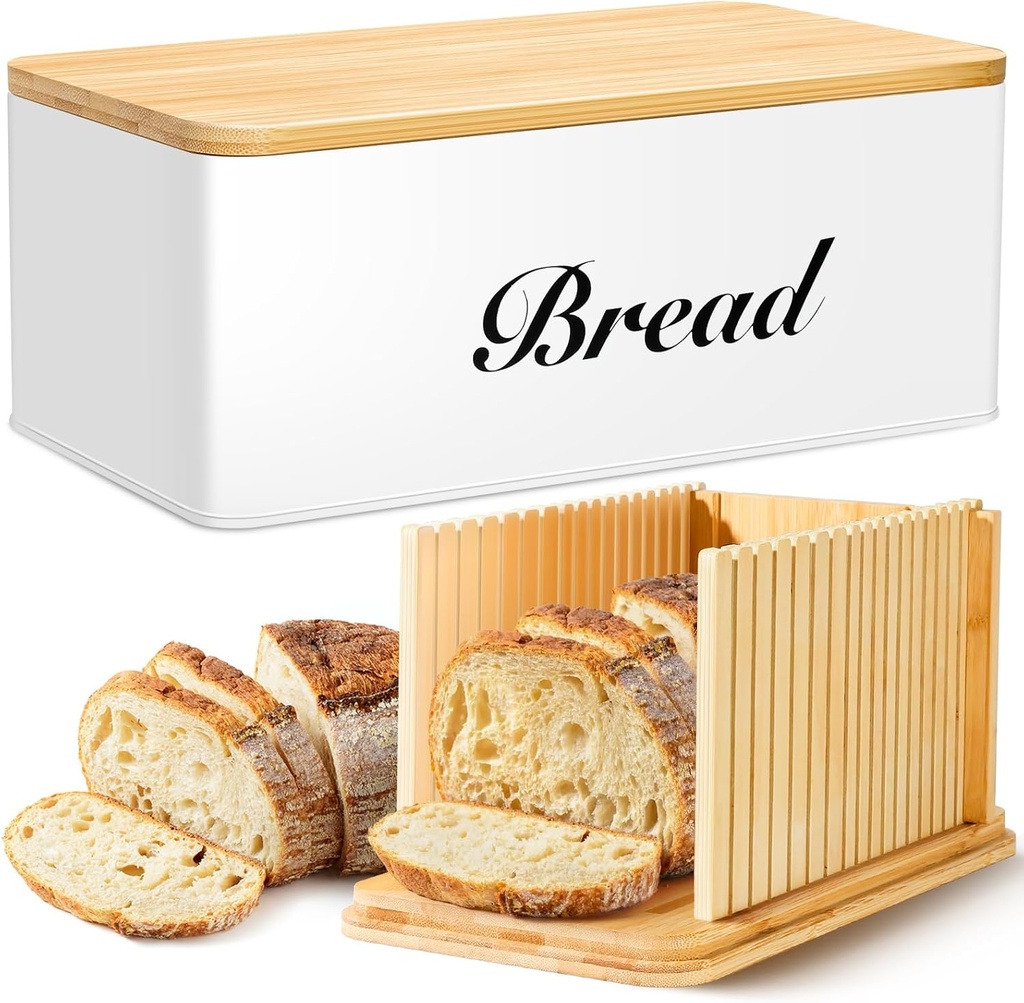 Bread Slicer for Homemade Bread with Box, White Bread Storage for Kitchen Countertop with 3 in 1 Bamboo Lid, Bread Loaf Slicers Machine with Slicing Guide for Sandwich, Sourdough Round