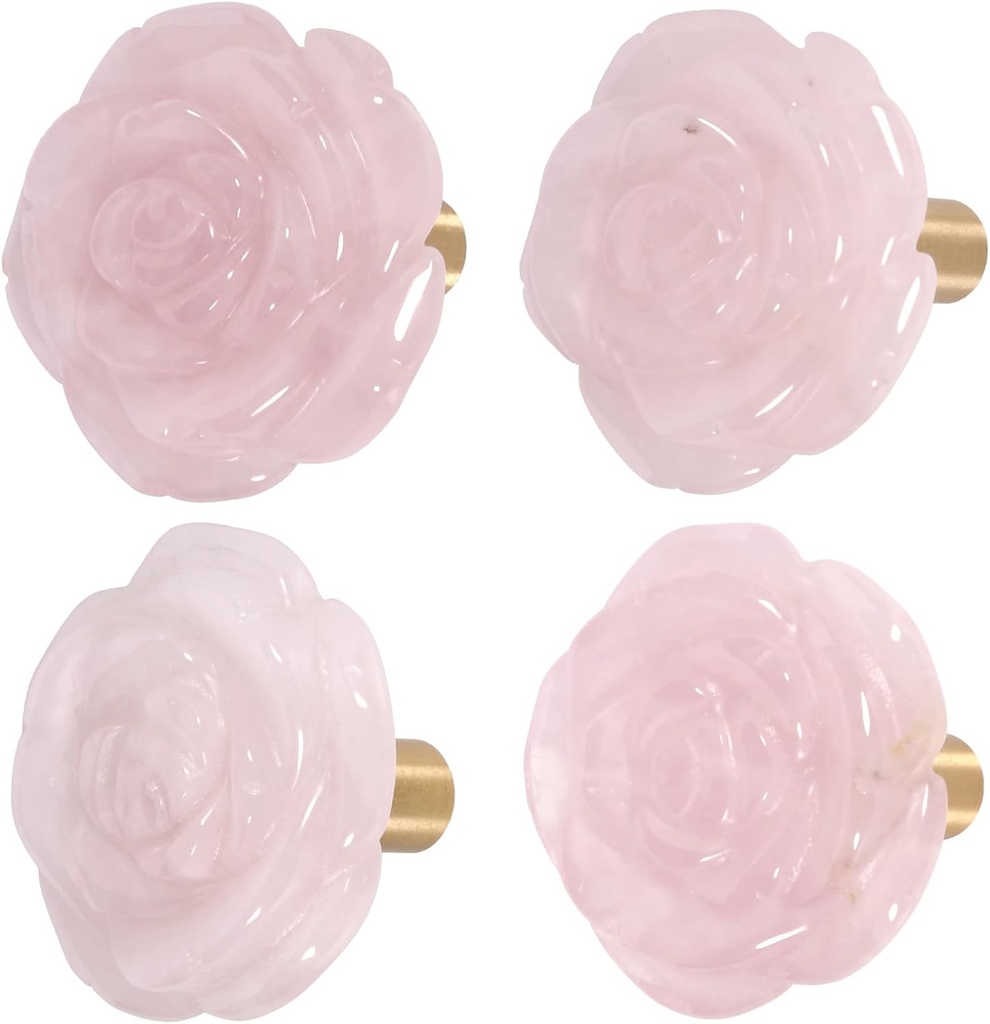 Rockcloud Pack of 4 Rose Crystal Drawer Knobs Cupboard Pulls Handle Cabinet Flower Knobs Furniture Hardware, Rose Quartz
