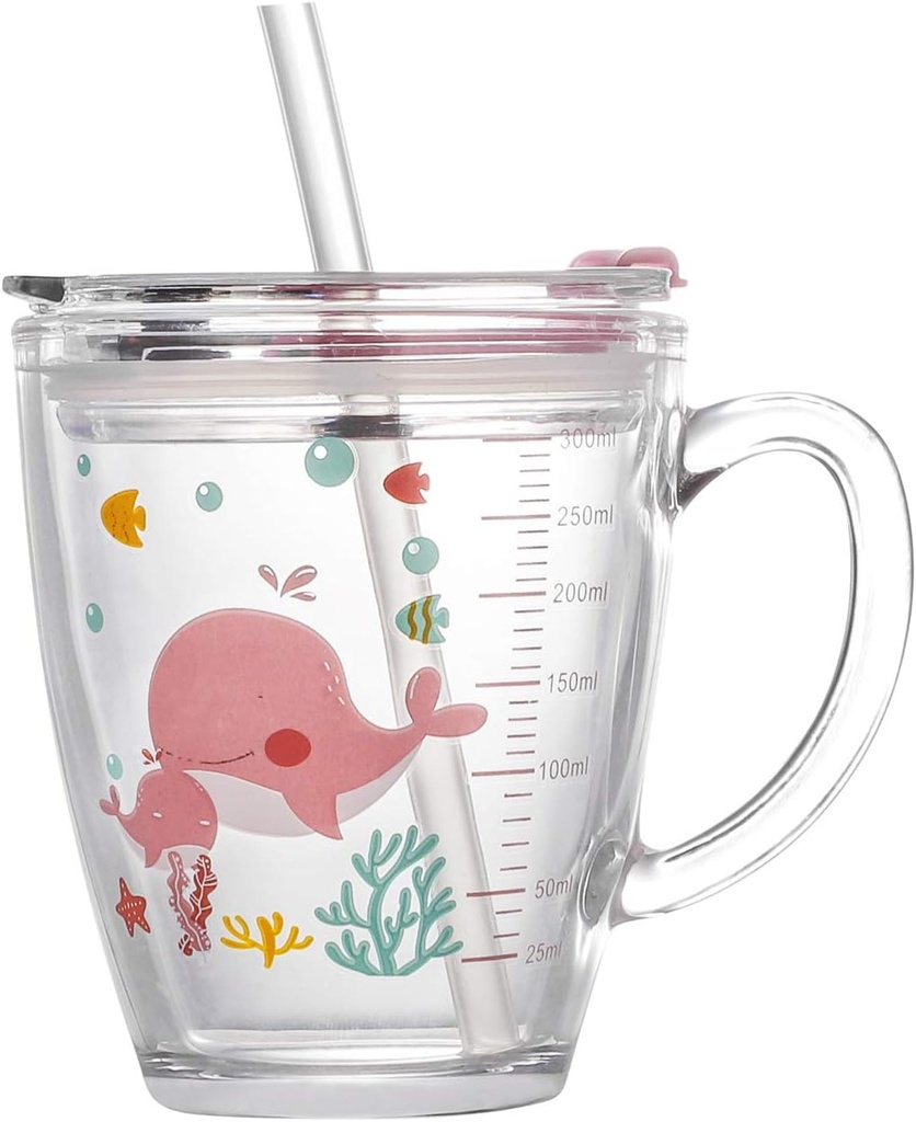 Tumbler with Straw and Lid Kids Cups Water Glasses with Handle Measuring Scale Iced Milk Juice Travel Mug Domestic Reusable Eco-friendly Cups for Girls Boys Adults 300ML (Whale)