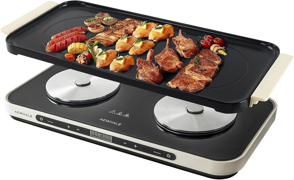AEWHALE Electric Glass Cooktop 2 Burners with Removable Griddle Pan Non-stick,1800W Electric Hot Plate with Sensor Touch for Adjustable Temperature/Time