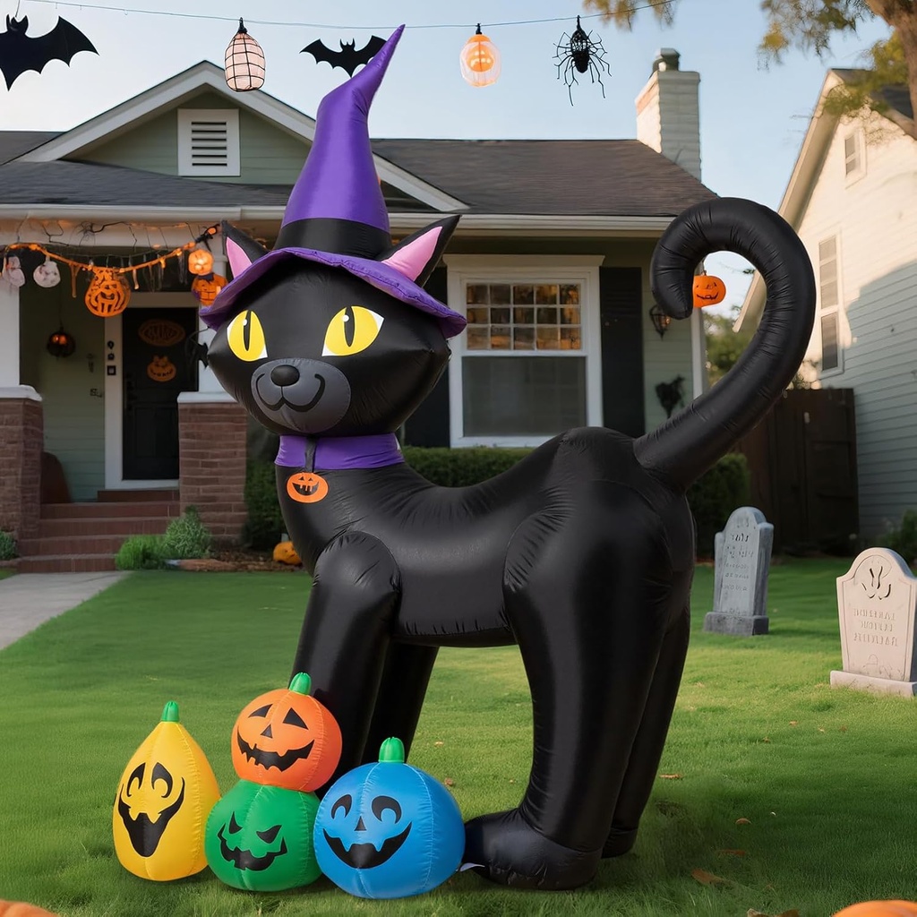 6FT Halloween Inflatable Black Cat with Witch Hat and 4 Colorful Pumpkins, Cute Blow Up Yard Decoration with LED Lights for Lawn, Garden, Balcony, Outdoor Holiday Party Events