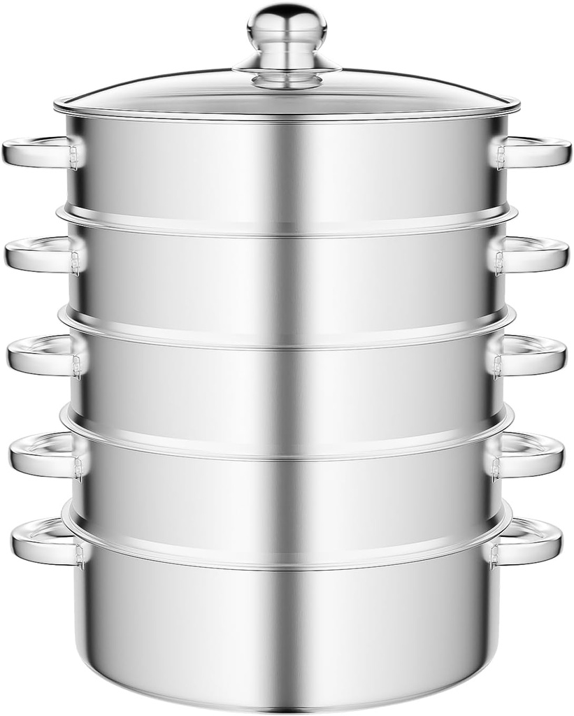 5-Tier Stainless Steel Steamer Pot, 28cm with Glass Lid, Large Capacity, Fast Cooking, Safe to Use