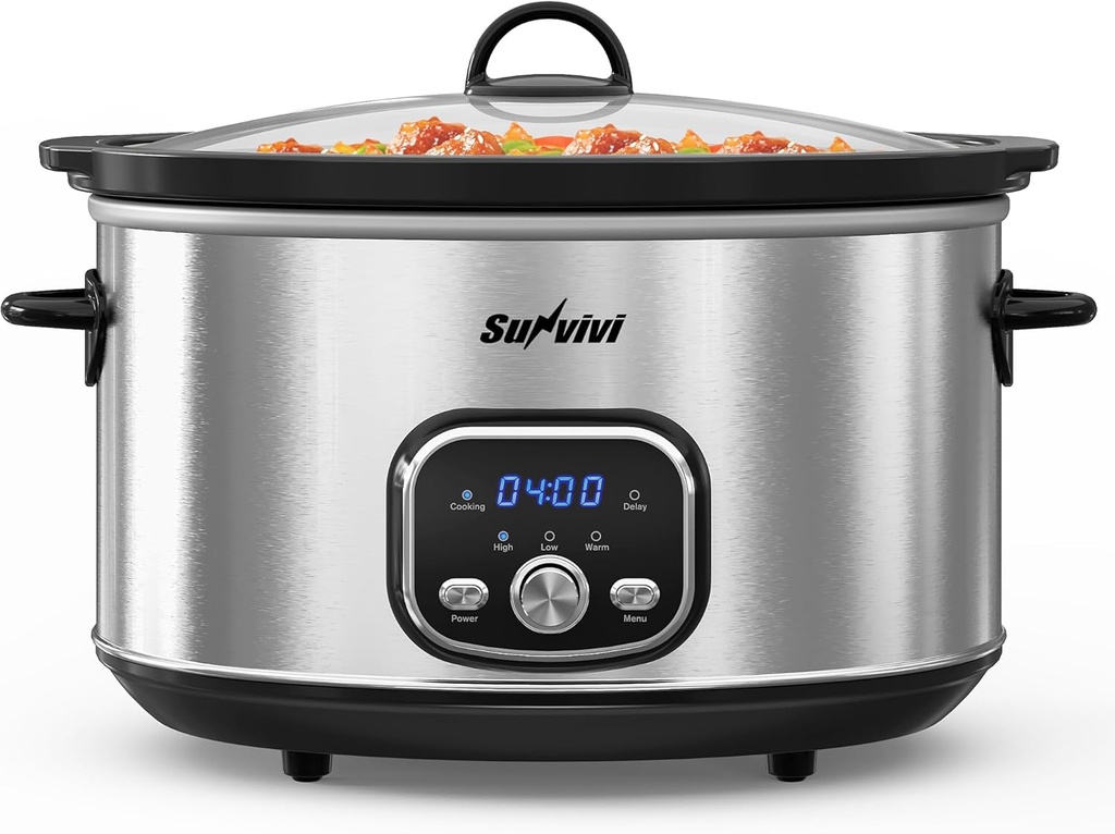 Programmable Slow Cooker with Delay Function, Portable Multi-Cooker for Family and Gatherings, 8.5 QT Food Warmer with Adjustable Temp, Warmer with Digital Timer, Dishwasher-Safe, Silver