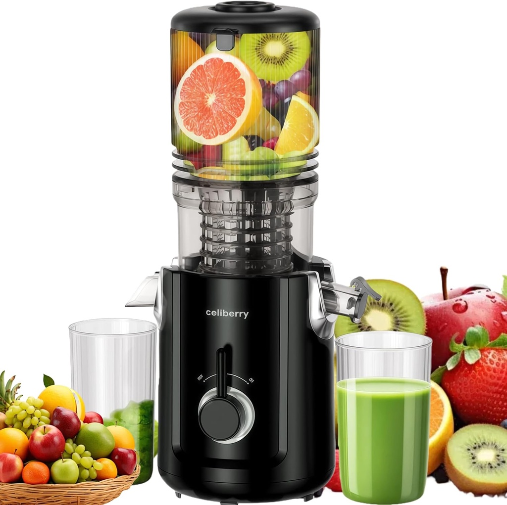 Cold Press Juicer Machines, 5.3” Large Feed Chute Slow Masticating Juicer for Whole Fruits & Vegetables, 300W Quiet Juice Extractor, Easy to Clean, 99% High Juice Yield, Bristol Black
