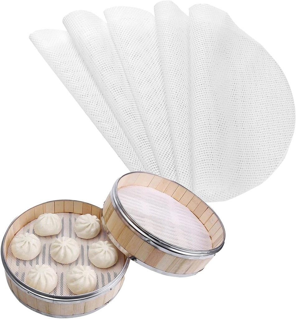 5 Pcs 10 Inch Silicone Steamer Liner Non-stick Silicone Steamer Mesh Mat, Reusable Bamboo Steamer Liner Pad, Round Dim Sum Mesh Round Dumplings Buns Mat Steamed Pad for Home Kitchen Cooking
