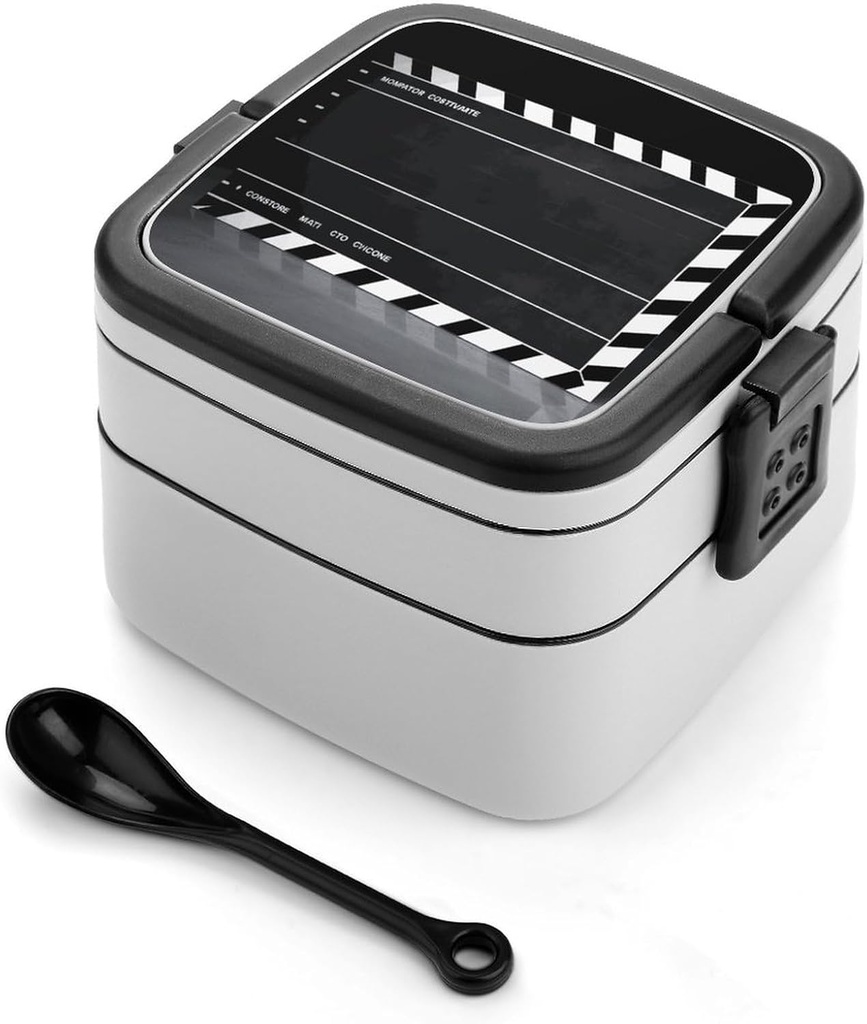 Adult Double-Layer Bento Box Portable Classic Movie Clapboard Black Lunchbox 1 L Capacity Leak-Proof Bento Box Microwave-Safe Food Container with Spoon And Hidden Handle
