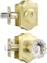 Leydebong 1 Pack Gold Crystal Glass Door Knob & Deadbolt Lock Set - Keyed Alike, Heavy Duty Entry Door Knob & Single Cylinder Deadbolt Combo for Front Doors, Offices, Satin Brass Finish