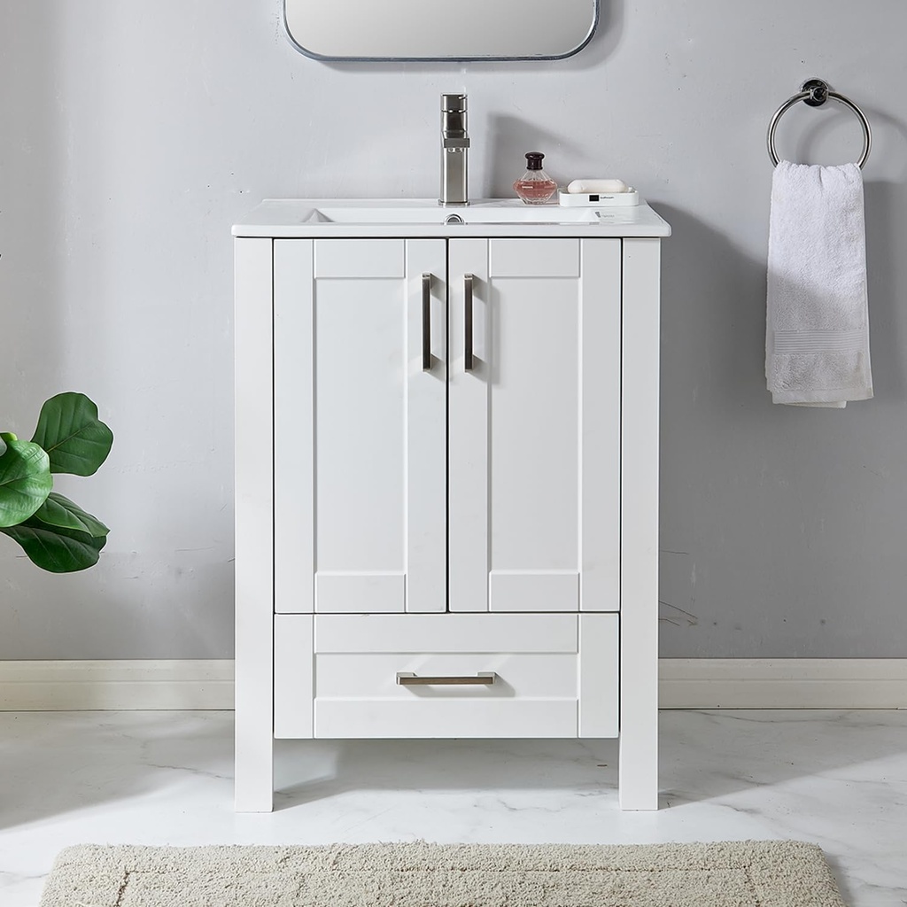 24 Inch Modern White Bathroom Vanity, Small Bathroom Sink Cabinet with Rectangular Ceramic Basin, 2 Doors, 1 Drawer