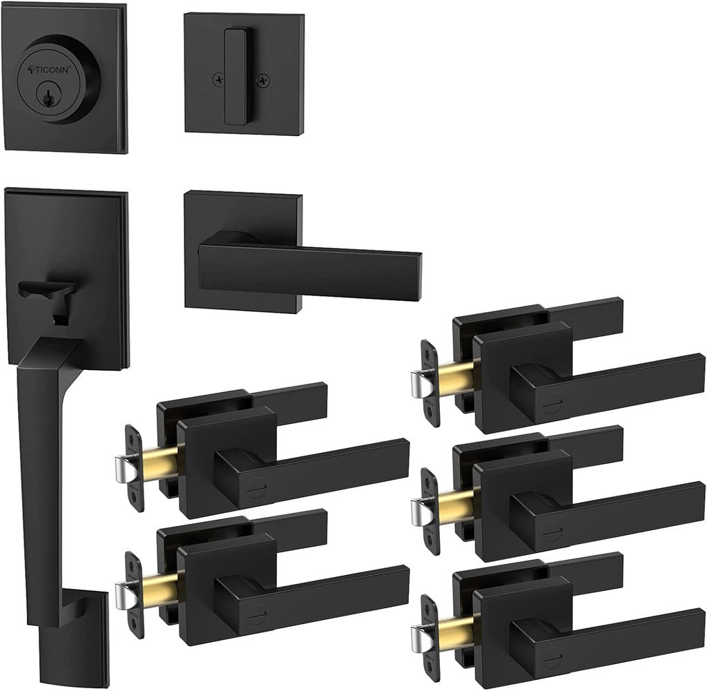 TICONN Black Door Handle(Privacy Lock,5-Pack)+Front Door Handle Set