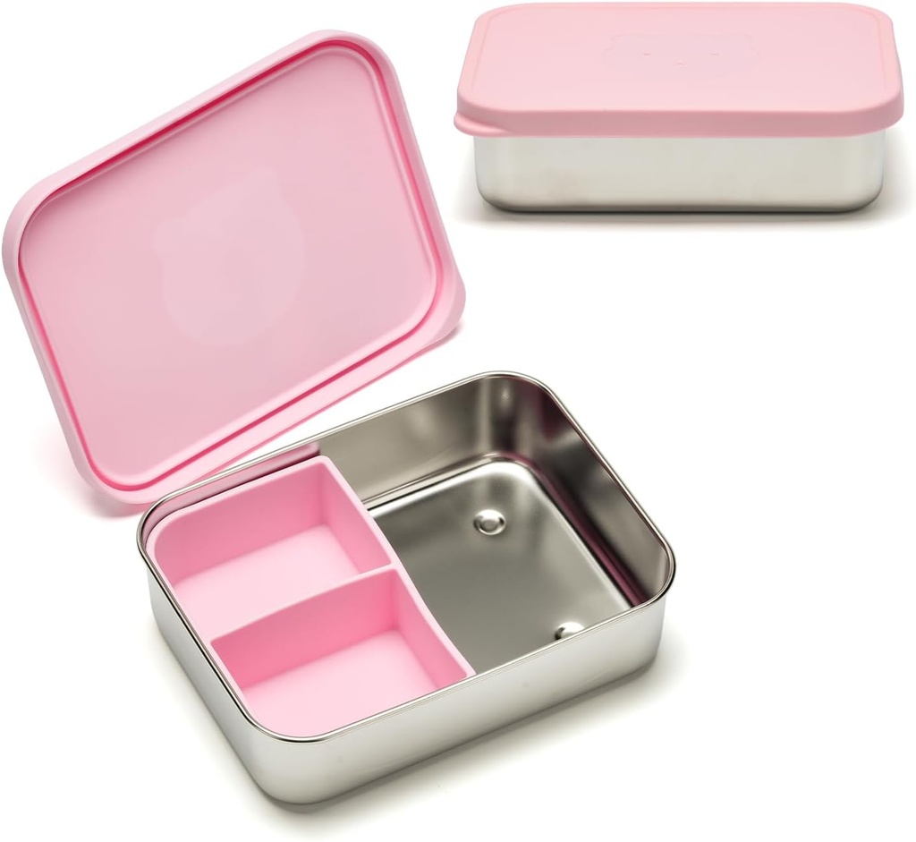 Stainless Steel Bento Box for Kids Adults, Toddler Lunch Box Containers with Silicone Lid,Removable 3 Compartment Design,Leakproof Snack Container, BPA Free, Dishwasher Safe-(1200ml,Pink)