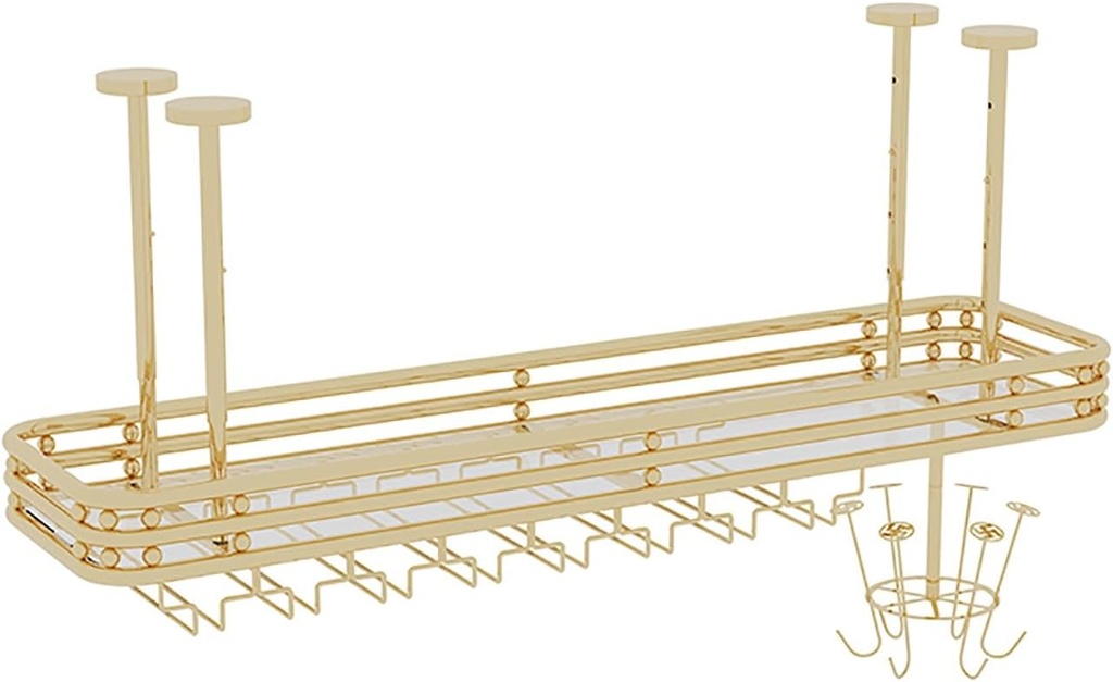 Ceiling Wine Glass Rack,Hanging Wine Glass Holder,Height Adjustable Hanging Wine Rack Cabinet,Gold Wall-Mounted Wine Rack,Shelves for Liquor Bottles,Perfect for Bar Cafe n Wine Cellar