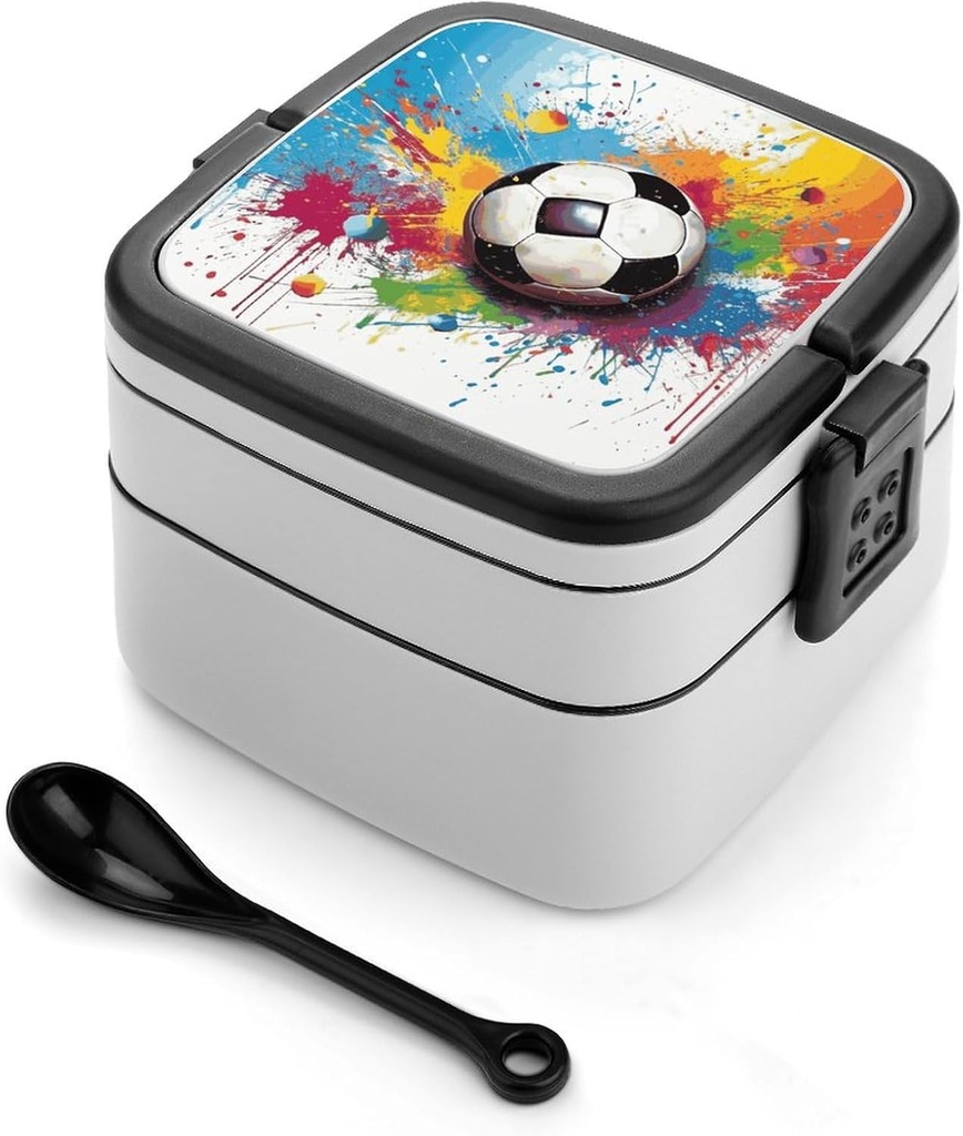 Sport Football Bento Box Adult Lunch Box All-in-One Lunch Containers with Removable Compartments Double Layer Bento Lunch Box with Spoon And Handle Stackable Lunchbox