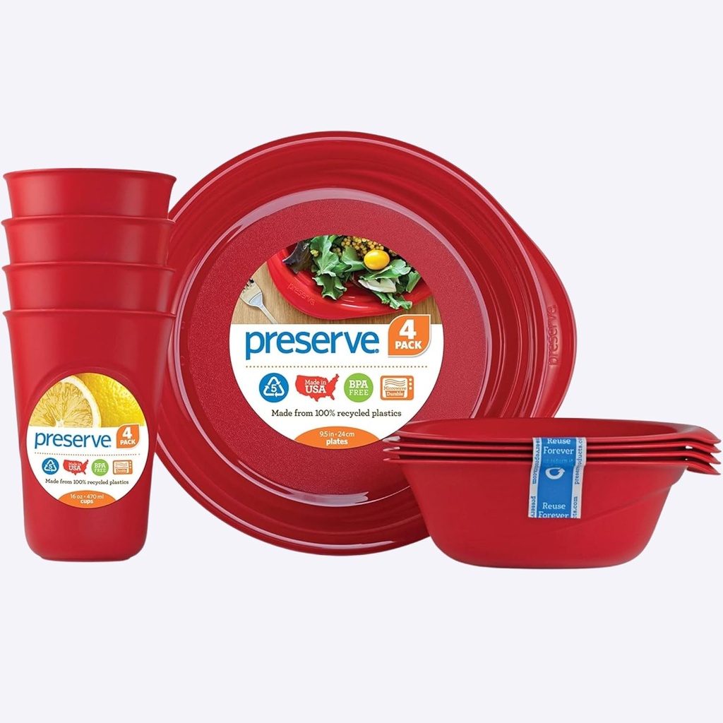 Preserve Reusable BPA Free Everyday Tableware Set Made from Recycled Plastic: 4 Plates, 4 Bowls, 4 Cups, Pepper Red