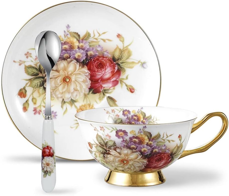 Flowers Pattern European Bone China Porcelain Coffee Cup Afternoon Ceramic Tea Cup Set with Saucer&Spoon
