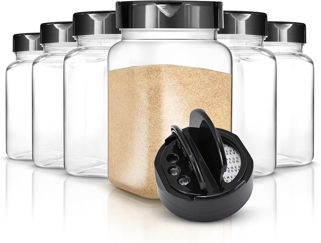 6 Pack 14 oz Plastic Spice Jars, Empty Seasoning Containers for Homemade Rub, Spices, Glitter, and More, Small Spice Containers with Black Shaker Lids and Heat-Induction Liner, Clear Spice Jars