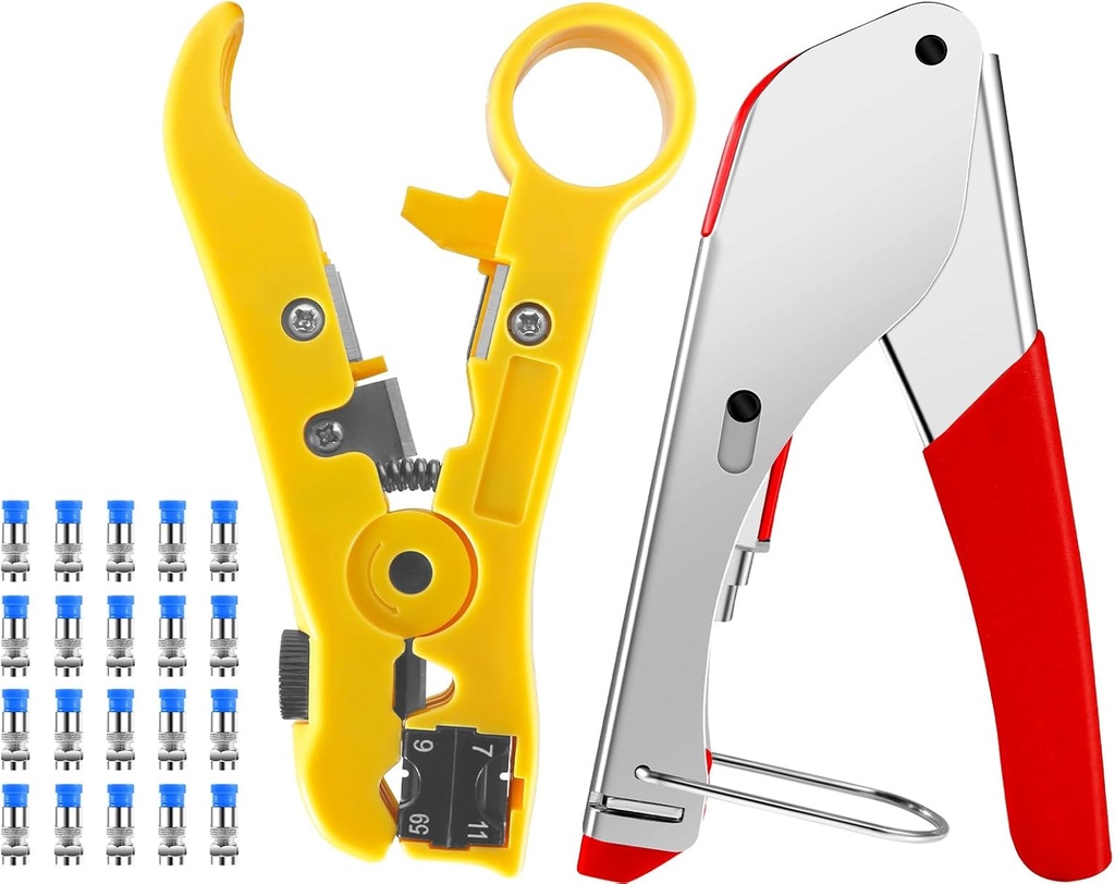 3-in-1 Coaxial Cable Crimper and Repair Kit for RG59, RG6, RG11, and RG7 with Adjustable Wire Stripper and 20 F-Type Connectors – Ideal for Satellite TV and Home Networking