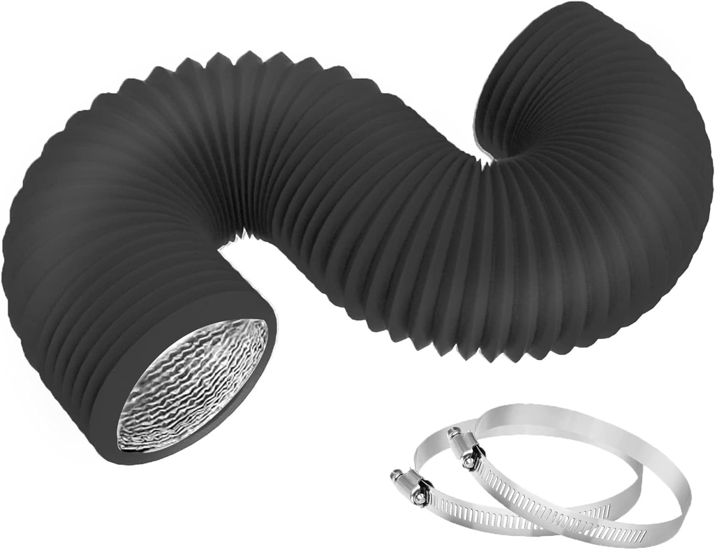 4 Inch 8 Feet Dryer Vent Hose,Flexible Insulated Air Ducting,Vent Hose PVC Aluminum Foil with 2 Clamps for HVAC Ventilation(Black)